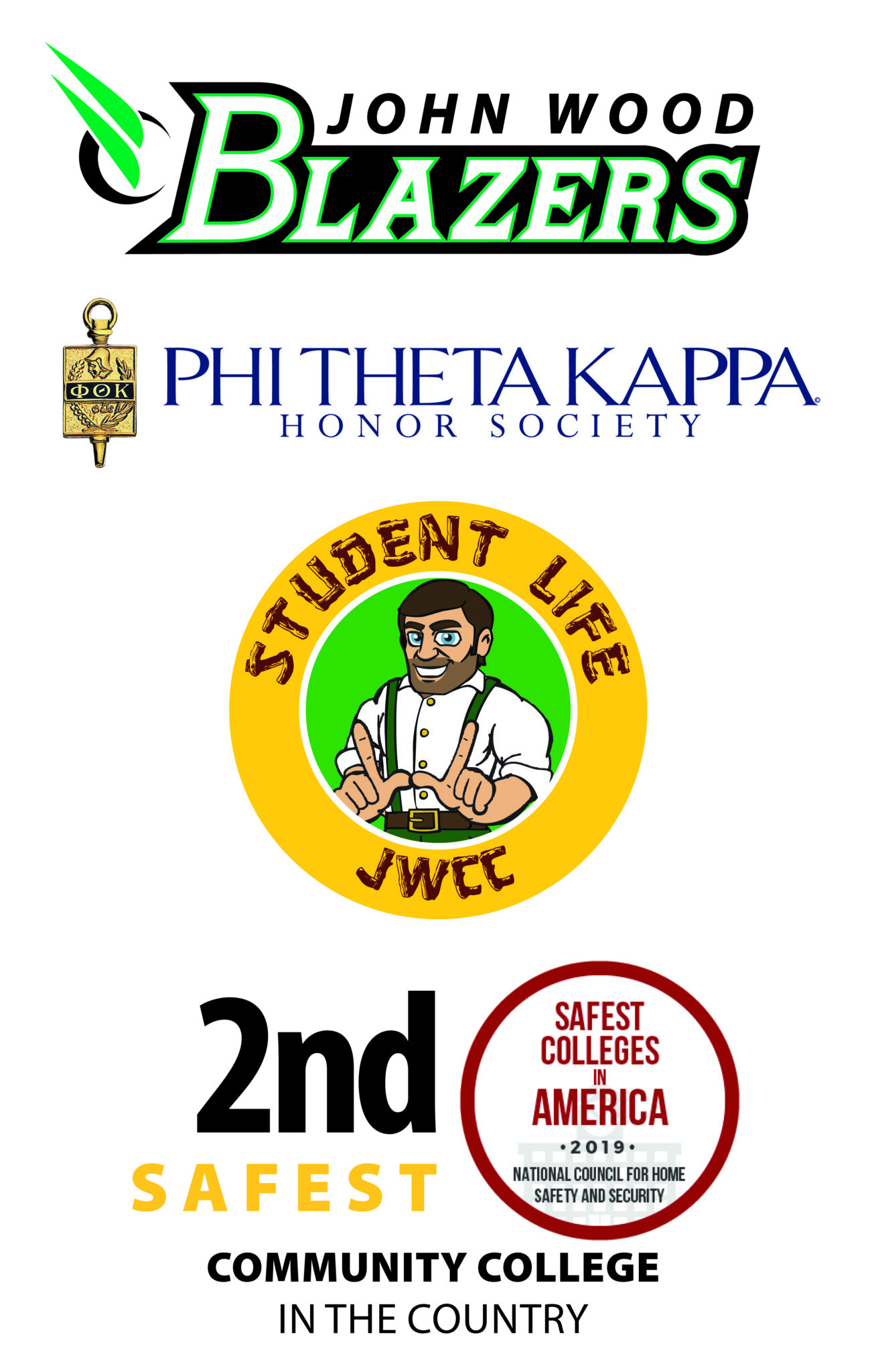 Blazers logo-PTK logo-Student Life-2nd safest community college in the country.