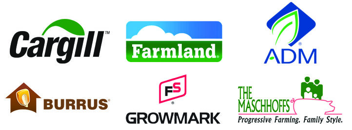 Logos for Cargill, Farmland, ADM, Burrus, Growmark and The Maschhoffs