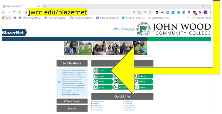 The Canvas button is the first in LaunchPad links on BlazerNet