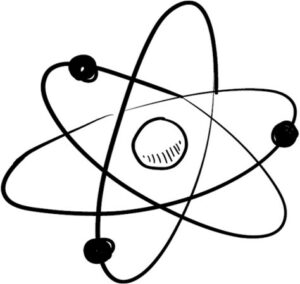 Atom with electrons whizzing around its center