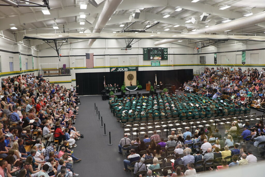 Large overhead pan of crowds at JWCC commencement 2022