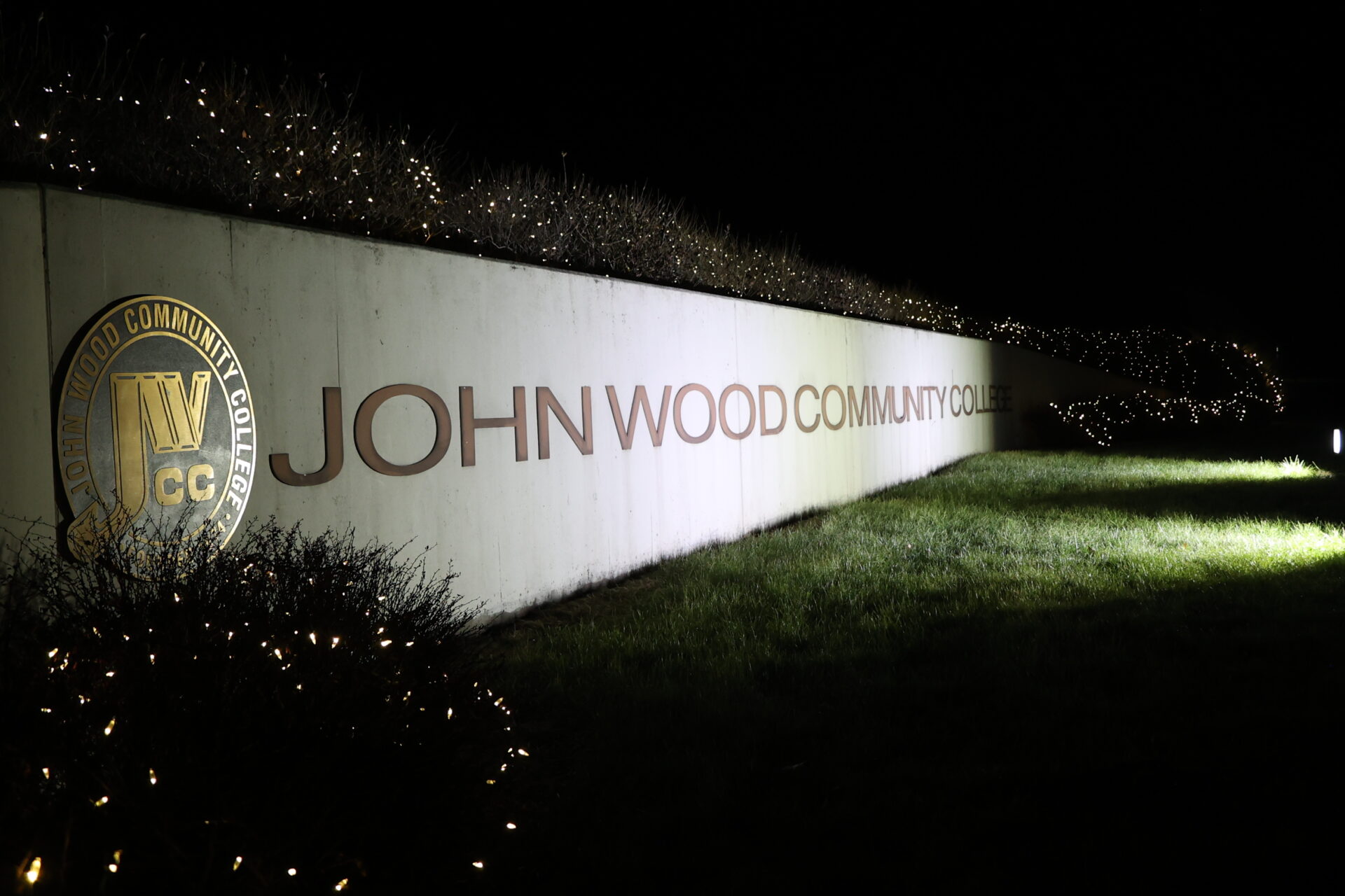 Image of JWCC sign with holiday lights