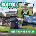 A "Blazer Stories" collage featuring Joel Thomas Bagley. Images include Joel in a John Wood soccer jersey (#12) standing in front of a goal, him carrying a tennis bag at Wimbledon in the shop and two photos of professional tennis matches at Wimbledon. His name appears at the bottom in bold white text on a green banner.
