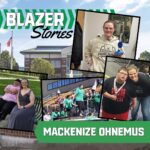 A collage titled "Blazer Stories" featuring Mackenize Ohnemus. Photos show her in a Polar Plunge hoodie with a trophy, dressed formally for prom with her brother, and plunging for the 2025 Polar Plunge. Her name appears at the bottom in bold text.