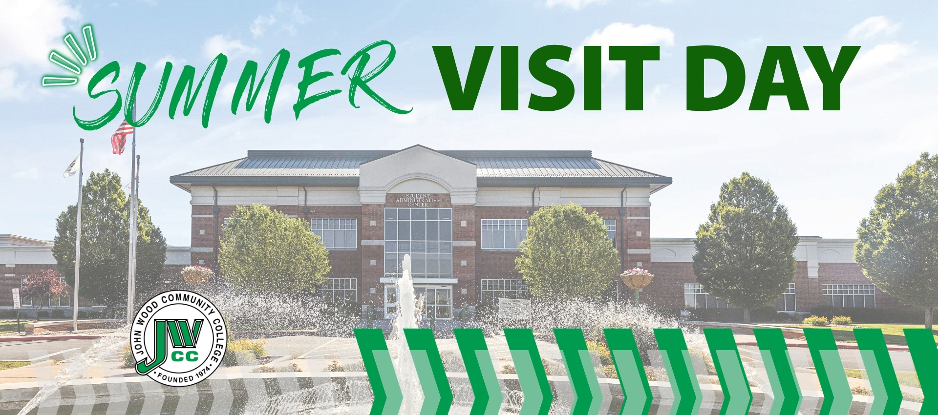 Summer Visit Day promotional banner featuring the John Wood Community College Student Administrative Center, with green "Summer Visit Day" text, JWCC logo, and campus fountain in the foreground.